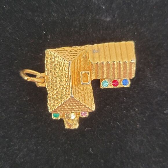 Vintage Yellow Faux Gold Toned 3D House with Garage Pendant Charm Rhinestones - Picture 6 of 12